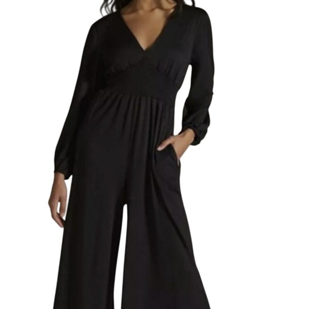 Anthropologie Hutch Size XS Wide Leg V Neck Jumpsuit HEMMED Black FLAW